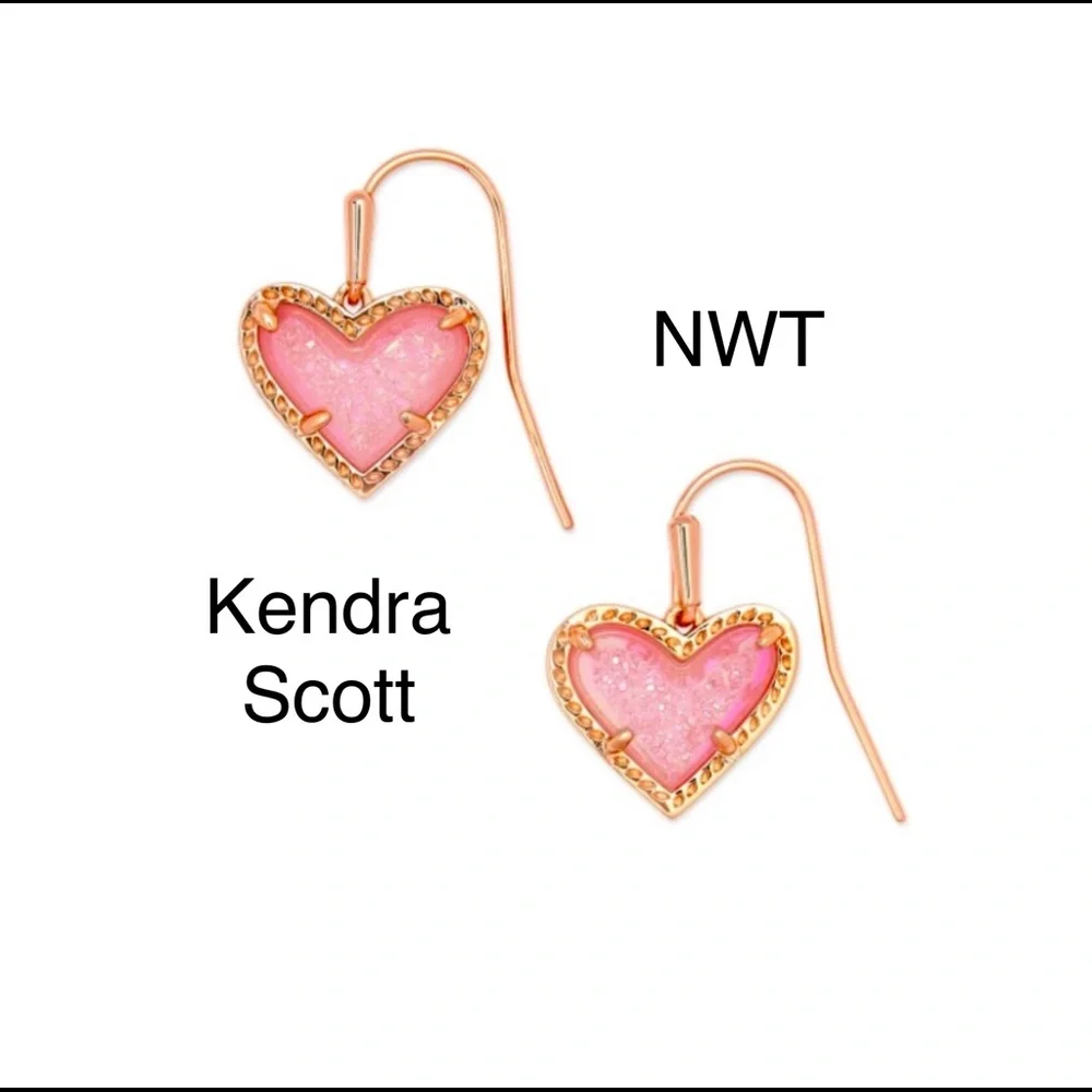 Kendra Scott pink drusy rose gold Ari heart drop earrings